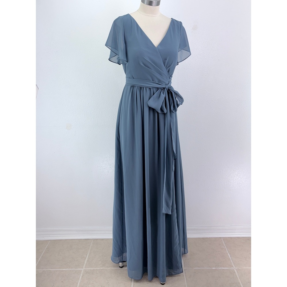Revelry Maxi Dress Blue Chiffon Flutter Sleeve Wrap Gown Size 10